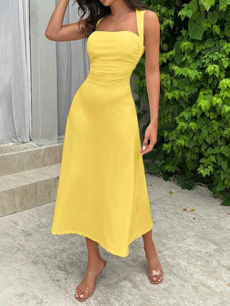 Shein Yellow Sleeveless Square Neck Ruched Long Maxi Dress Backless Size Xs